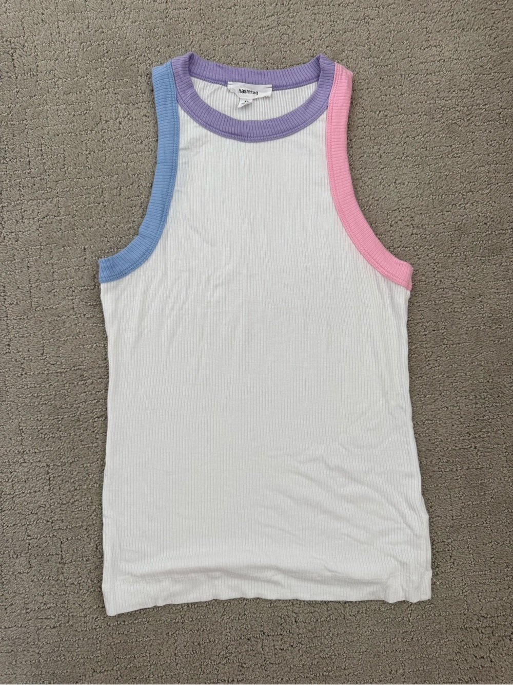 White Ribbed Tank Top with Pastel Colorblock Trim
